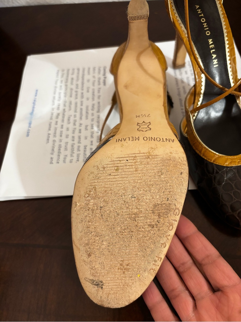 ANTONIO MELANI Brown & Mustard Croc-Embossed Strappy Heels - Picture 6 of 6
